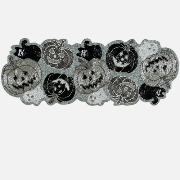 Christian Lacroix Halloween Beaded Pumpkin Ghost Cat Table Runner Centerpiece - Picture 1 of 9